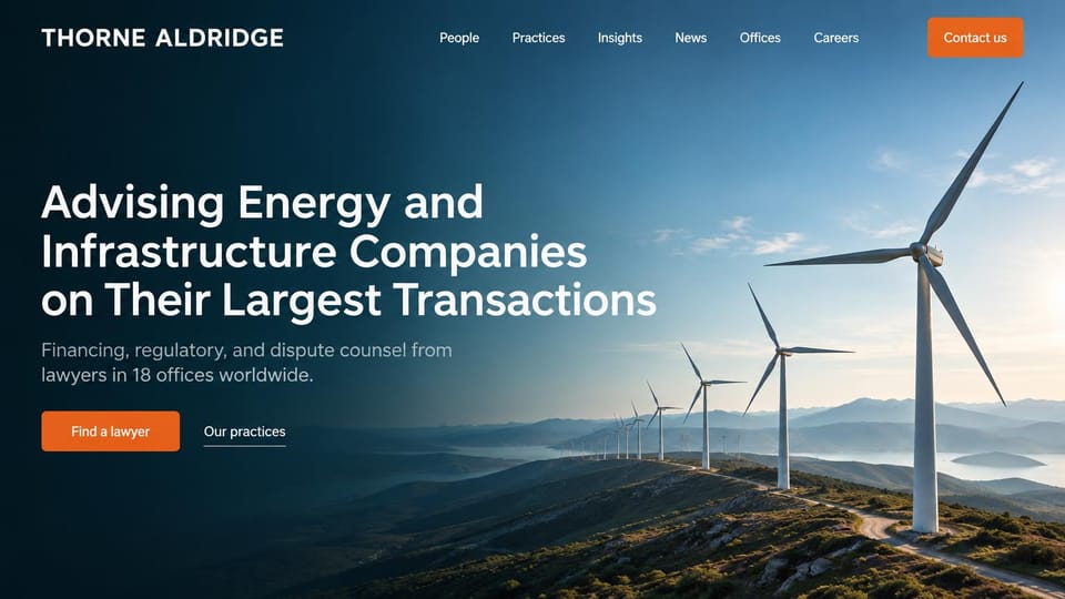 Law firm website design, industry law with a landscape hero: a wind farm landscape behind a large white headline and orange buttons