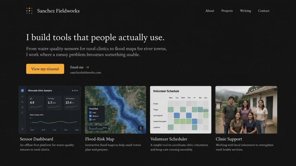 Developer portfolio website design, civic tech developer with four field project cards: near-black page, a large white serif headline, a yellow résumé button, an email link and four project cards with a dashboard, a flood map, a schedule and a team photo