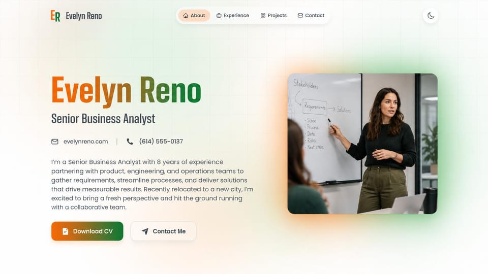 Resume website design, business analyst with a gradient name and a whiteboard photo: white page with orange and green glows, an orange to green name, a gray role line, a website and phone line, an orange and green download CV button and a woman presenting at a whiteboard
