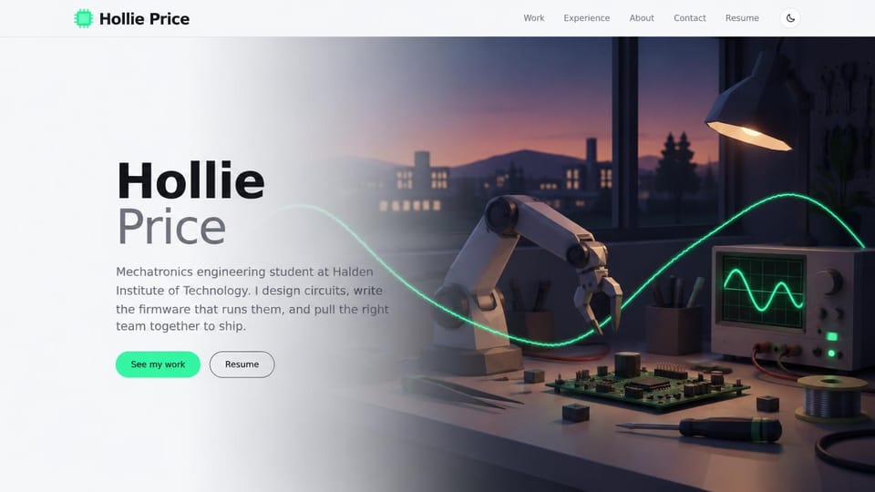Engineering portfolio website design, mechatronics student with an illustrated lab: white fading into an illustrated dusk lab with a robot arm, an oscilloscope and a circuit board, a two-tone name and a mint button