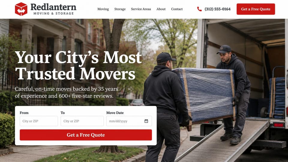 Moving company website design, moving and storage with a from, to and date bar: white header with a red cube logo, movers in black hoodies wheeling plastic-wrapped furniture down a truck ramp on a city street, a large white serif headline, a white quote bar with a red button