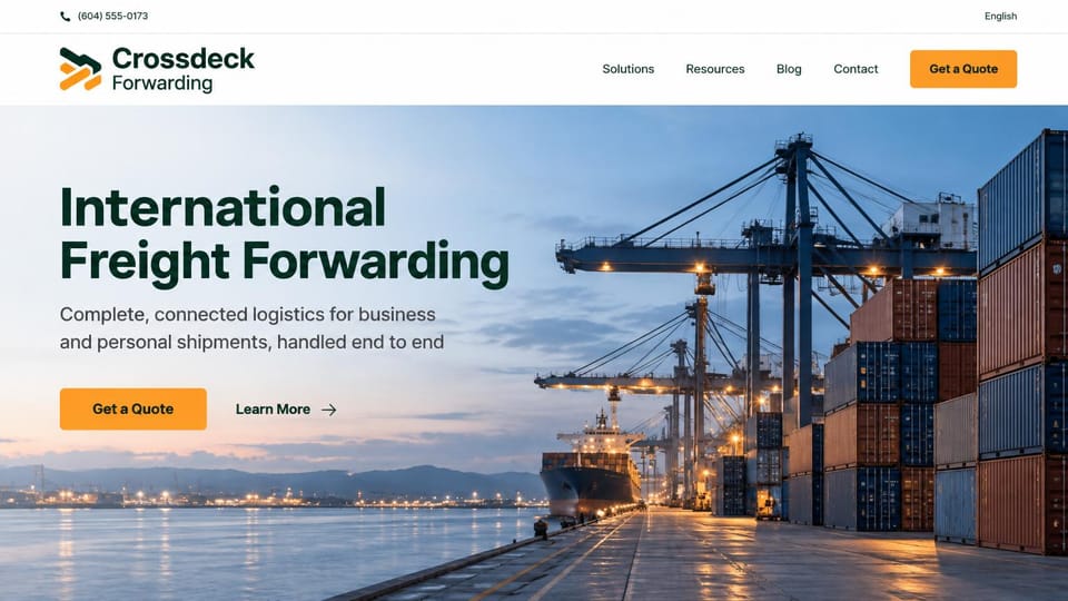 Logistics website design, international forwarding over a harbor at dusk: white header, a dusk harbor photo of cranes and container stacks, deep green headline, orange quote button