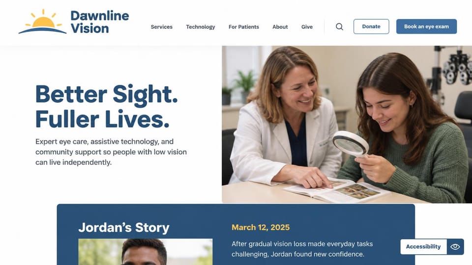 Nonprofit website design, low-vision care with a client story below: white and navy, an eye doctor helping a woman with a magnifier, a navy story card below