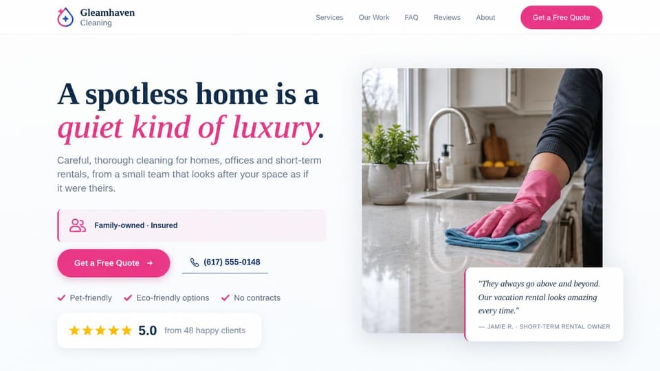 Cleaning service website design, homes and short-term rentals with a pink serif accent: white page, a navy and pink italic serif headline, a pink quote button and a close photo of a pink-gloved hand wiping a counter under a testimonial card