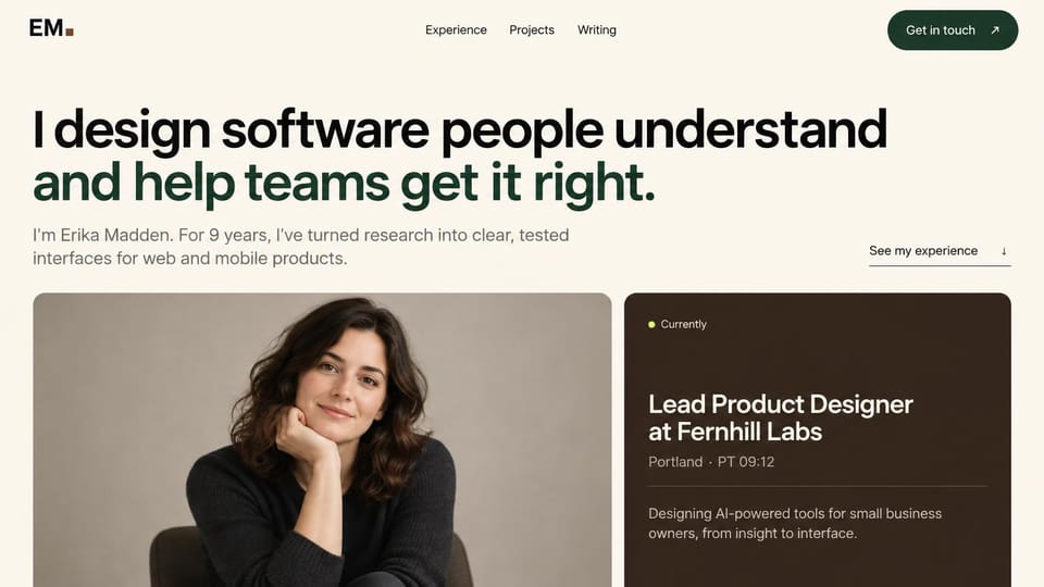 Resume website design, lead product designer with a current-role card: cream page, a large black and dark green headline, a dark green get in touch button, a portrait of a smiling woman resting her chin on her hand and a dark brown current role card