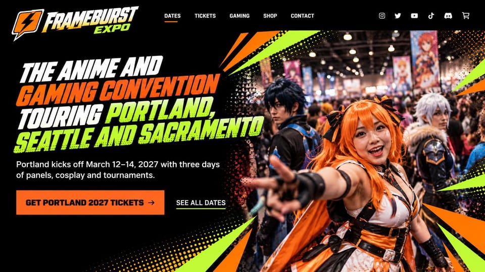 Event website design, touring anime and gaming convention with comic bursts: black page, slanted white, orange and lime headline, orange ticket button, orange and lime burst shapes, a cosplayer with orange hair pointing at the camera