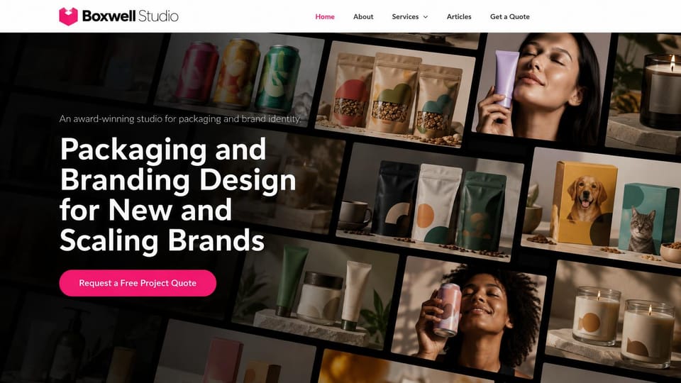 Agency website design, packaging studio with a product wall: dark page, a white sans headline, a pink button and a tilted grid of packaged products and people