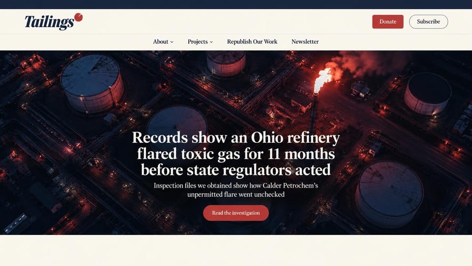 News and magazine website design, environmental investigations over an aerial night photo: cream header with a red donate and an outlined subscribe button, an aerial night photo of refinery tanks and a flare, a centered white serif headline and a red button