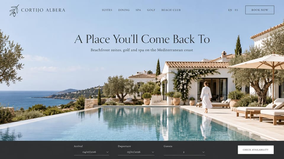 Hotel website design, mediterranean beach resort with dates below: a whitewashed villa and infinity pool above the sea, a centered dark serif headline and a booking bar