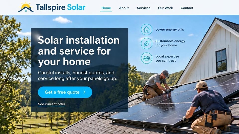 Solar website design, home solar with two installers on a farmhouse roof: white header with a sun-and-roof logo and a blue underline on the active menu item, a sunny photo of two installers laying panels on a white farmhouse roof above green hills, a dark navy translucent panel with a large white headline, a bright blue rounded quote button, three teal circle icons with benefit text