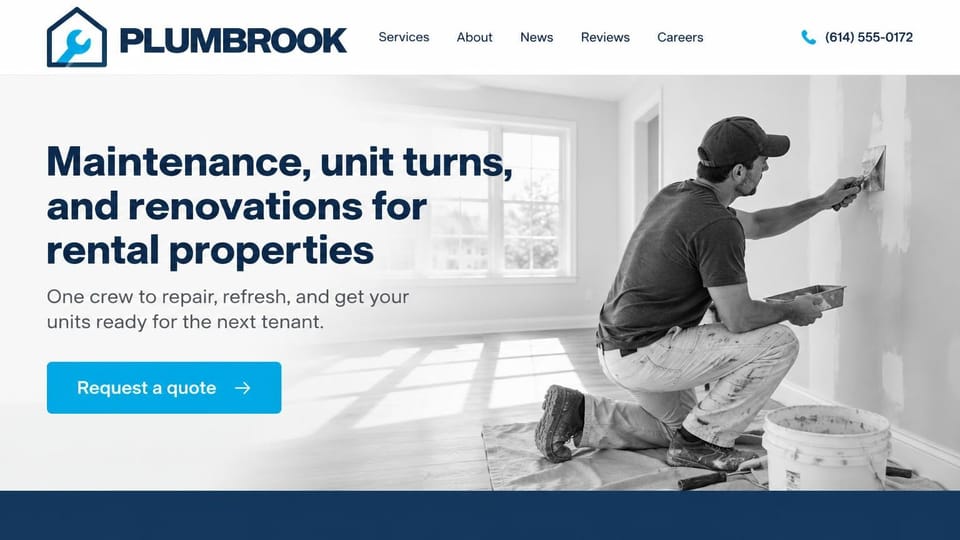 Handyman website design, unit turns and renovations for rental owners in navy and cyan: white page, a bold navy headline, a cyan quote button, a grayscale photo of a worker patching a wall in an empty room