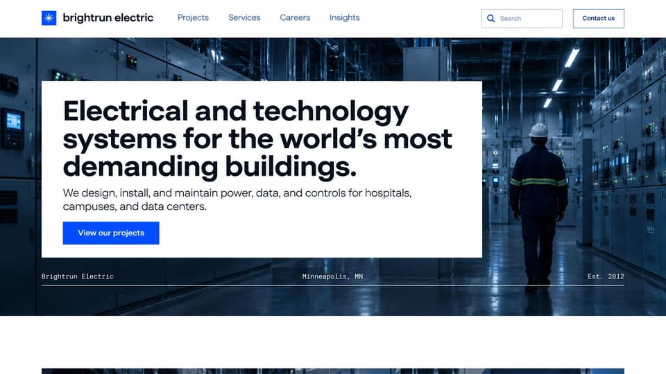 Electrician website design, hospitals and data centers in an editorial card: white header, a large white card with a black headline and a blue projects button over a dark blue photo of an electrician walking through a control room