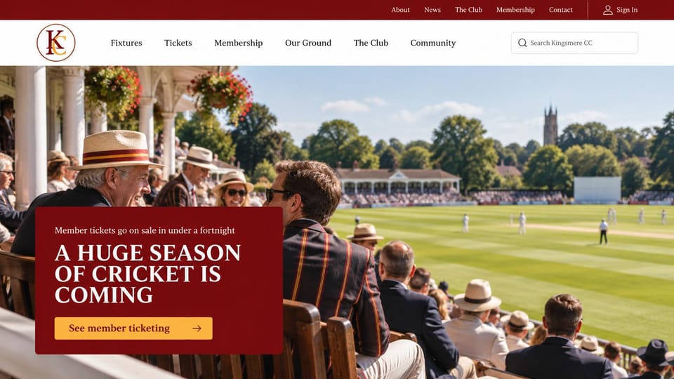 Sports team website design, cricket club with member ticketing: deep red top bar and white menu, spectators in straw hats at a cricket ground, a dark red box with a cream serif headline and gold button