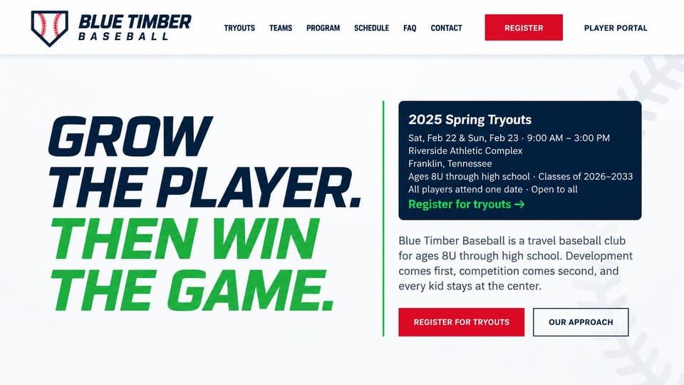 Sports team website design, travel baseball with bold type and a tryout card: white page with no photo, a huge italic headline in navy and green, a navy tryout card and red buttons