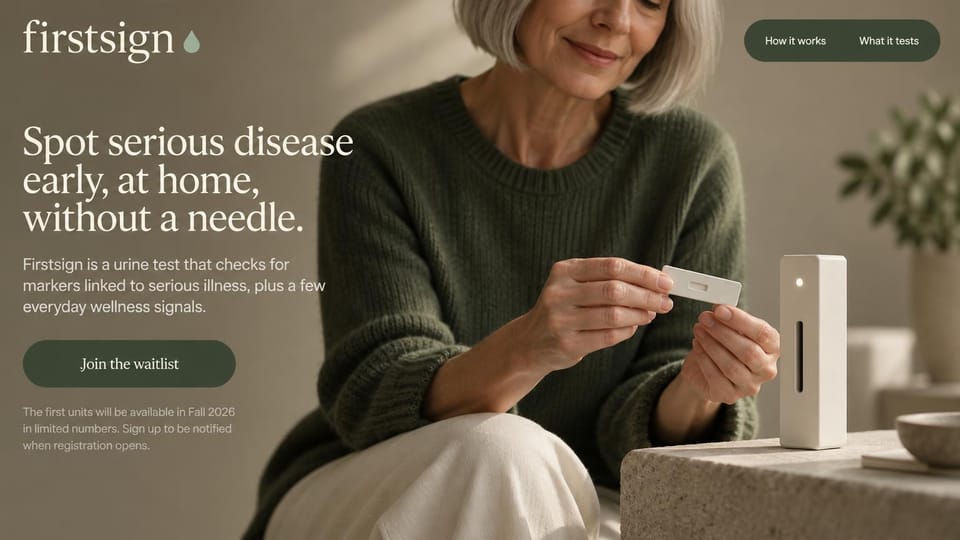Coming soon website design, health product waitlist with a calm portrait: olive green and cream, an older woman holding a home test at a sunlit table, serif headline and a rounded waitlist button