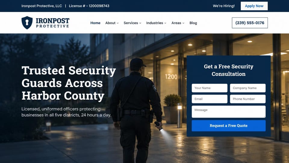 Security company website design, licensed guards with a consultation form on the photo: navy top bar and white menu, an officer with a flashlight walking outside an office building at night, a white slab serif headline, a navy quote form on the right