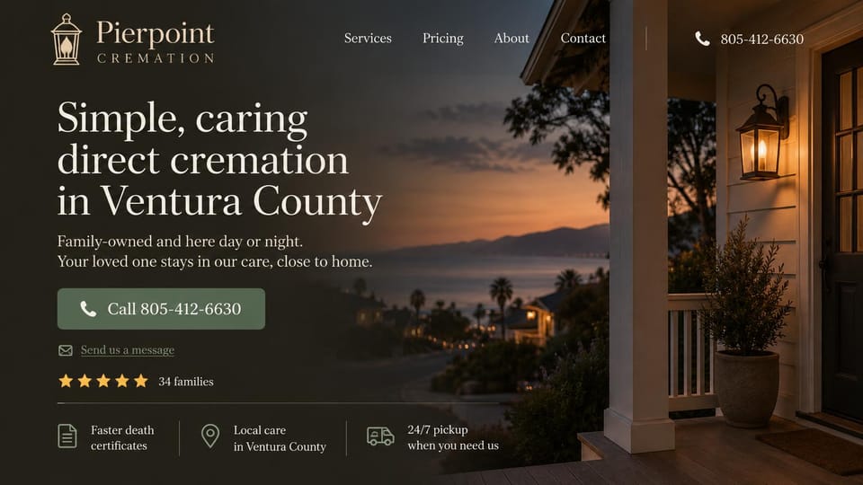 Funeral home website design, direct cremation, local and simple: dark sunset photo of a porch with a lantern above the sea, a white serif headline, a green call button, five gold stars and three small feature icons