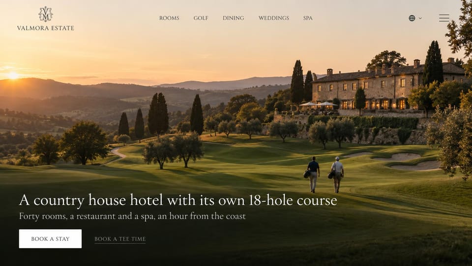 Hotel website design, country house hotel with its own golf: a stone country house above a golf course at sunset, a white serif headline and two buttons