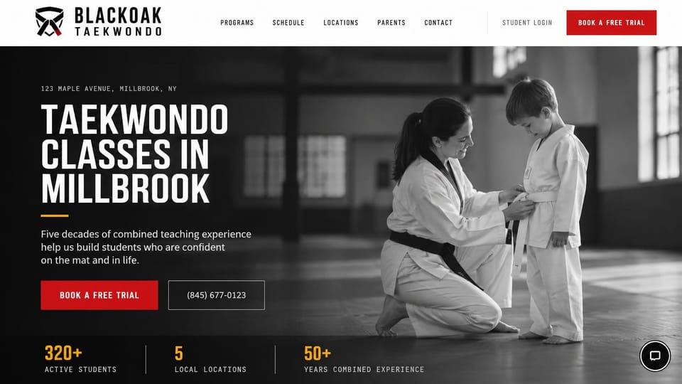 Martial arts website design, taekwondo for kids with a belt-tying photo: white header, a black-and-white photo of an instructor kneeling to tie a child's belt, a condensed white headline, red buttons and yellow stats