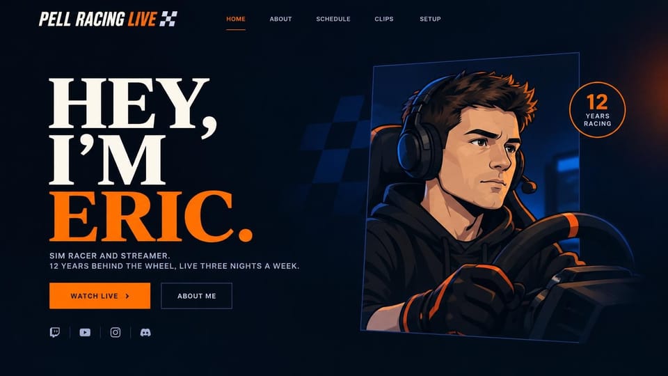 Gaming website design, sim racing streamer with an illustrated portrait: dark navy page, huge white and orange serif headline, an orange watch button, an illustrated driver in a headset at a wheel, a years-racing badge