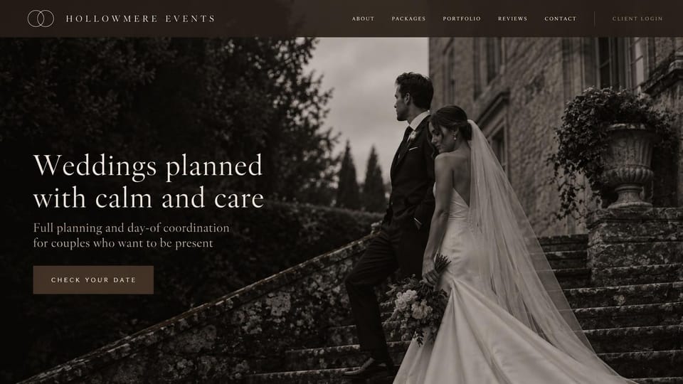 Wedding planner website design, calm planning in moody black and white: dark sepia photo of a couple on stone stairs with a long veil, white serif headline, brown date button