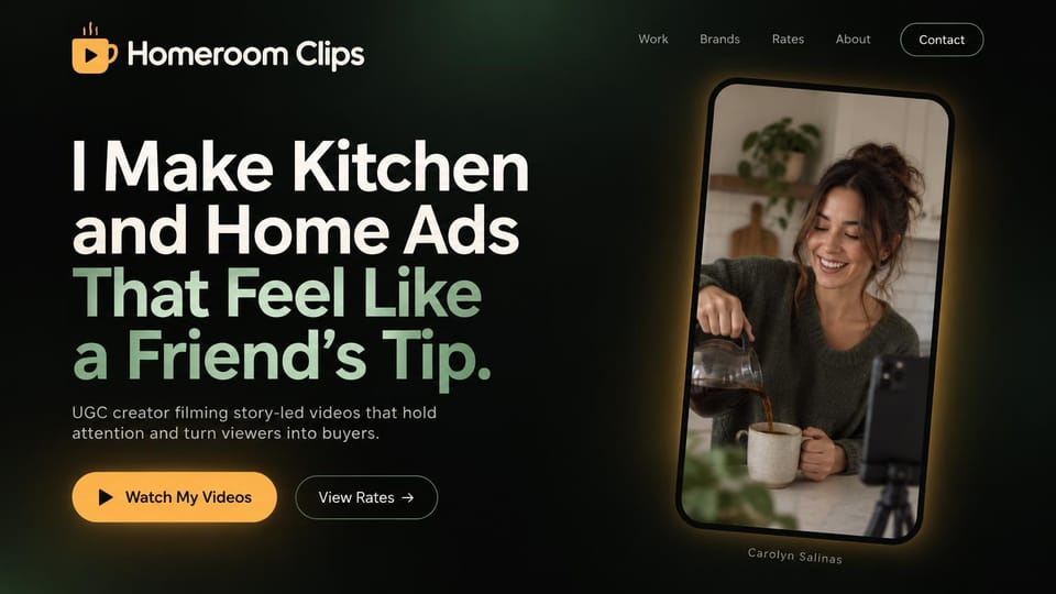 UGC portfolio website design, kitchen ads in a glowing phone frame: near-black page, white and sage headline, amber button, a tilted glowing phone frame showing a woman pouring coffee