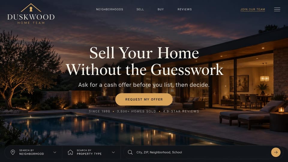 Real estate website design, cash offer option for home sellers: a modern home and pool at dusk, a centered serif headline, a gold button and a dark search bar