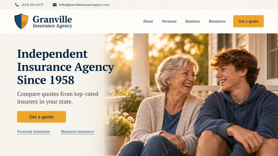 Insurance agency website design, independent agency with a sunlit porch portrait: cream page, a navy serif headline, a golden quote button and two text links, a grandmother and teenage grandson laughing on a sunlit porch