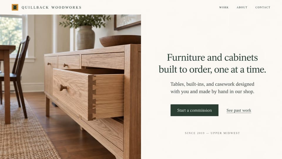 Carpentry website design, furniture and cabinets built to order, one at a time: cream page, an oak sideboard with an open dovetailed drawer on the left, a centered dark green serif headline and a dark green button