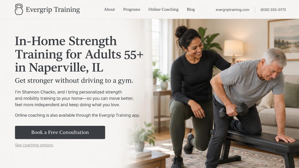 Personal trainer website design, in-home strength for seniors in soft serif type: light gray page, a large charcoal serif headline, a dark consultation button, a smiling trainer kneeling beside an older man doing a dumbbell row on a bench in his living room