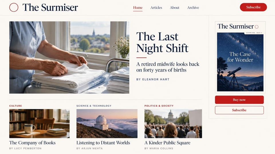 News and magazine website design, ideas magazine with a cover box and section row: warm white page, navy serif wordmark with a red ring, a midwife folding white linens by a window, red buy and subscribe buttons under a starry night cover, three section photos below