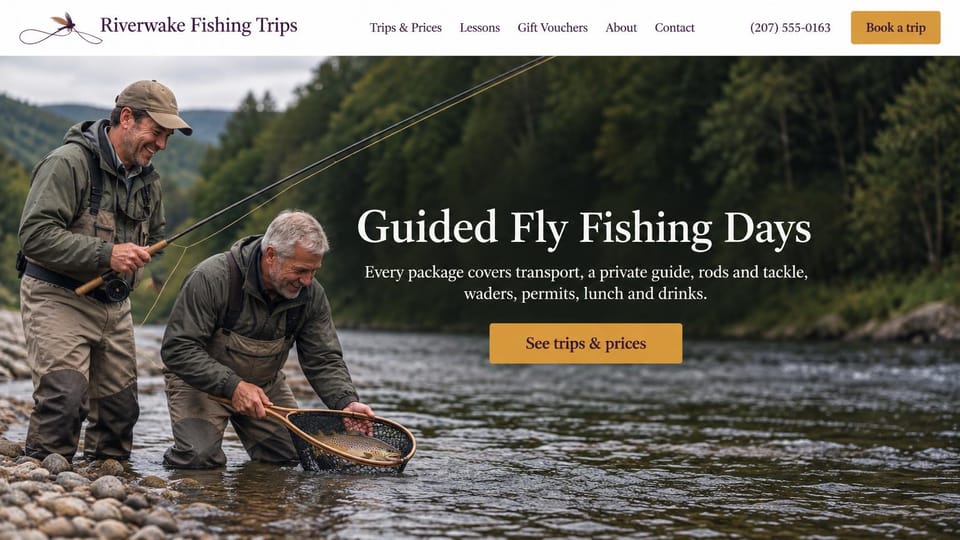 Travel agency website design, guided fly fishing days with prices up front: white header, a full-width river photo of two anglers in waders with a net and a trout, a white serif headline and a gold trips button