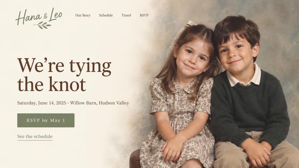 Wedding website design, childhood sweethearts with an old photo: ivory page, brown serif headline and sage RSVP button beside a faded portrait of two young children