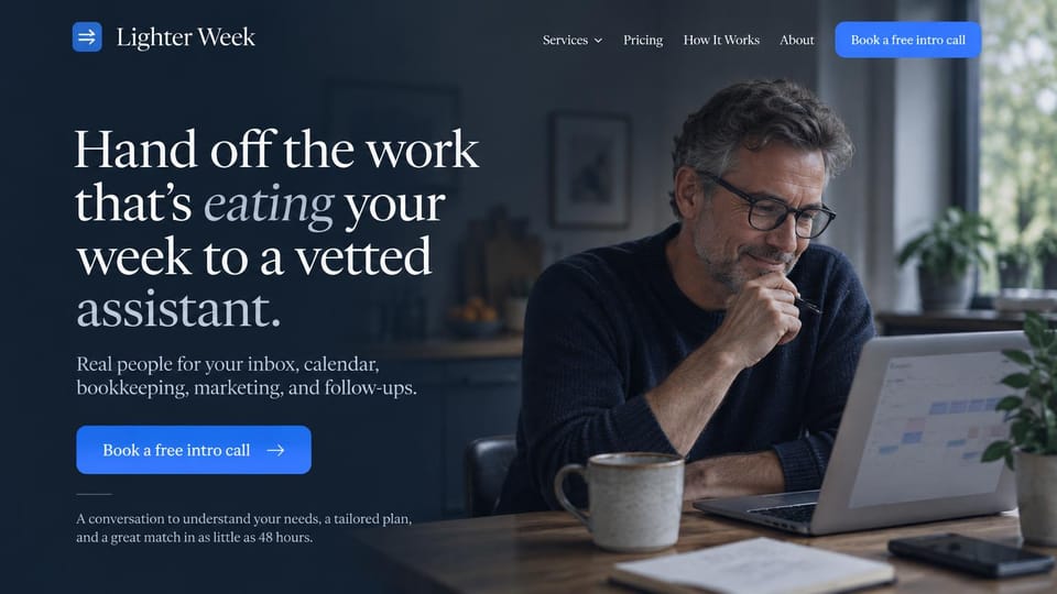 Virtual assistant website design, executive support in an editorial serif: dark navy overlay, a large white serif headline with an italic word, a blue call button, a man smiling at a laptop showing a calendar