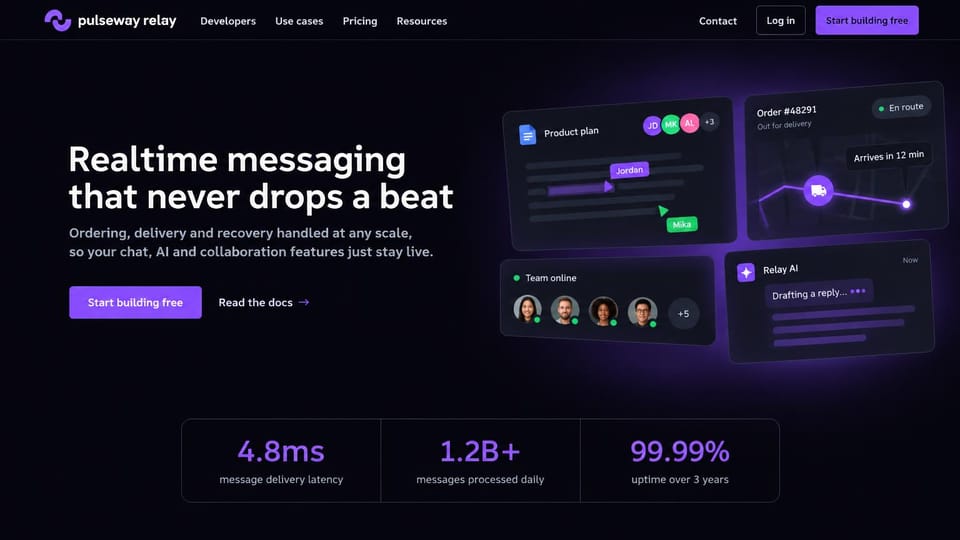 SaaS website design, messaging infrastructure in deep purple: dark purple page, white headline, a purple button, floating chat cards and three stats