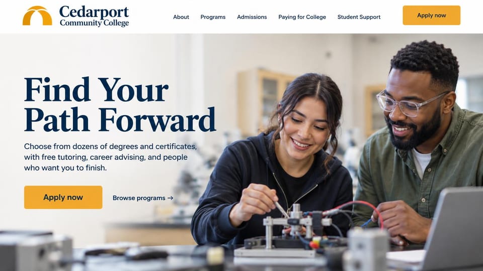 School website design, community college with a hands-on engineering lab: white header with a gold arch logo, a navy serif headline, a student and an instructor working on a mechanical device, a gold apply button