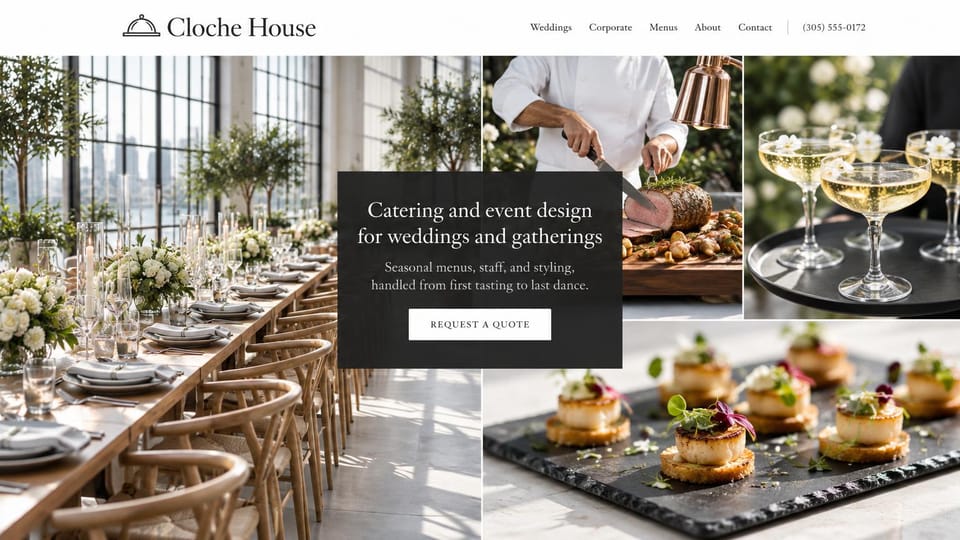 Catering website design, catering and event design in a four-photo collage: white header, a collage of a long wedding table, a chef carving, champagne glasses and canapés, with a dark centered panel of white serif text