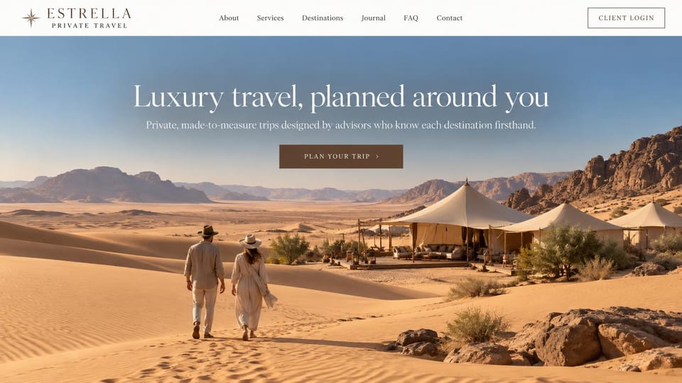 Travel agency website design, luxury travel advisor, light and spacious: white header with a spaced serif logo and an outlined client login, bright photo of a couple walking across dunes toward a tented camp, centered white serif headline, brown button
