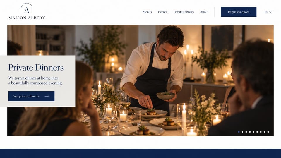 Catering website design, private dinners with a text panel over candlelight: white header with a monogram logo and a navy quote button, a candlelit dinner photo of a chef serving guests and a pale gray panel with a navy serif headline