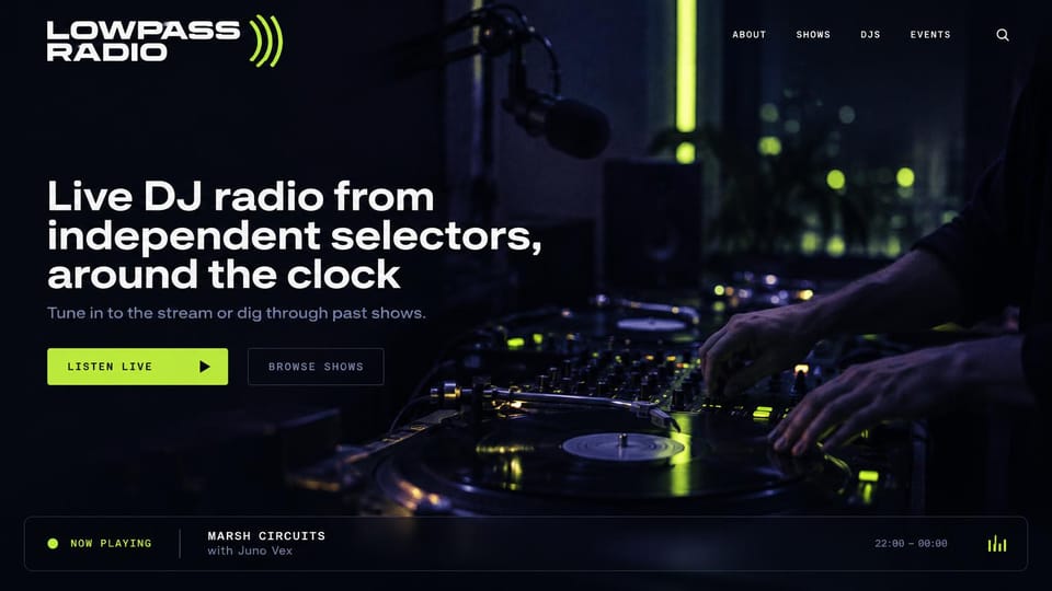 Radio station website design, internet DJ radio streaming around the clock: dark navy studio photo of hands on turntables and a mixer, a white wide headline, a lime listen button and a now-playing bar