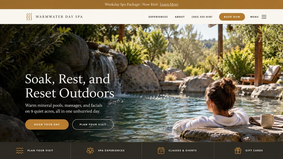 Spa website design, day spa with outdoor mineral pools: bright garden photo of a woman in a rock-lined mineral pool, a white serif headline, gold buttons and a dark row of links