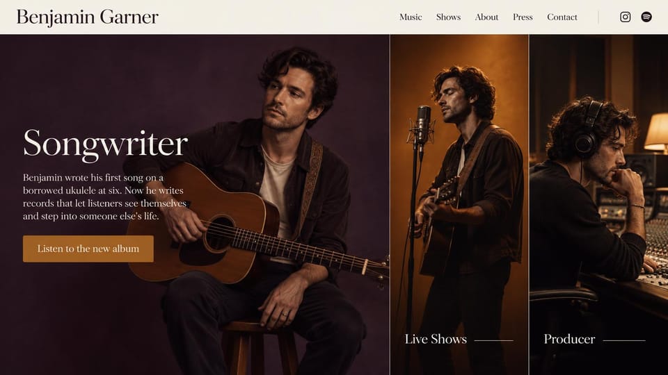 Musician website design, songwriter, performer and producer in three panels: warm amber photo triptych of a musician with a guitar, at a microphone and at a mixing desk