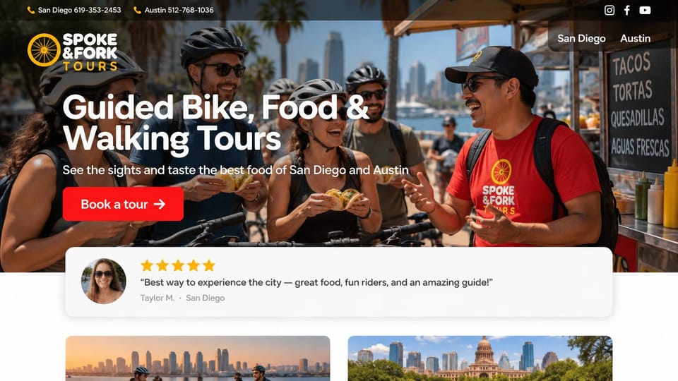 Travel agency website design, bike and food tours with a city switch: photo of riders in helmets eating tacos at a street stall, bold white headline, red button, white review card, city names in the corner