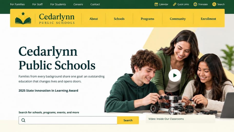 School website design, public schools with a search box under the name: dark green bar, a yellow menu panel, a large dark green serif name, a search box and students and a teacher building a robot
