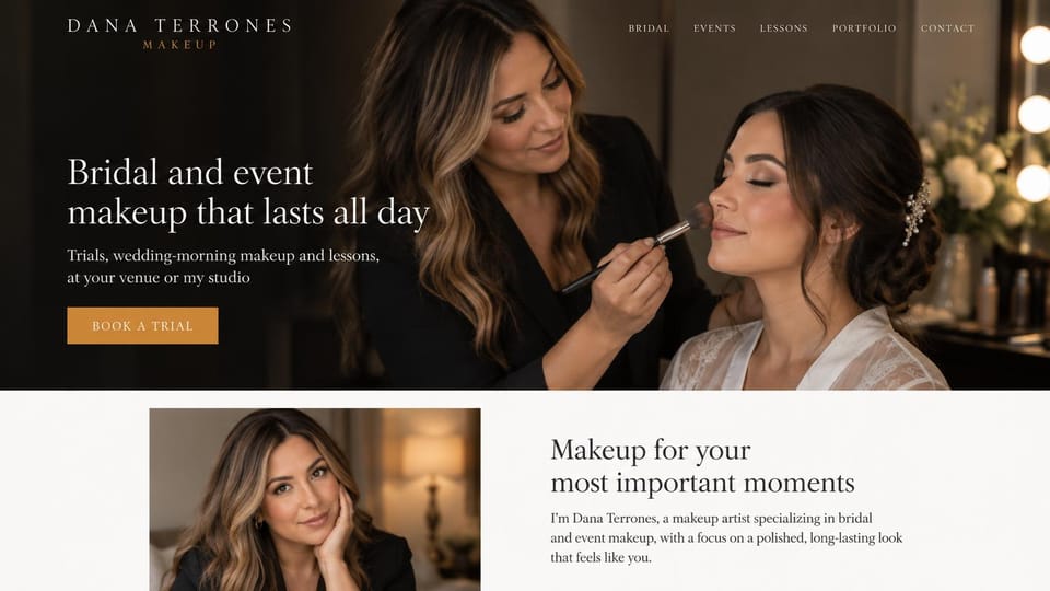 Makeup artist website design, bridal and event artist with trials and lessons: dark photo of an artist applying makeup to a bride, an amber button, an ivory intro section with her portrait below