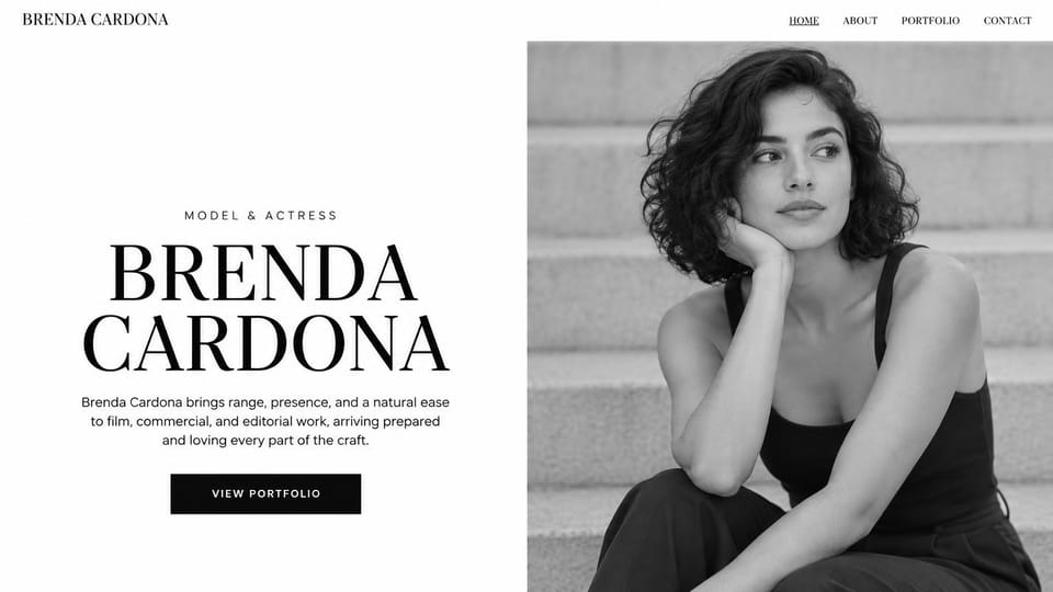 Actor website design, actress and model with a split screen: white page, a large black serif name and black button beside a black and white photo of a woman on steps