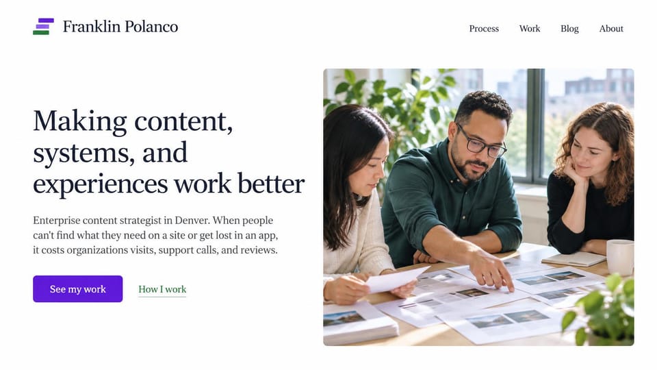 Marketing portfolio website design, enterprise content strategy with a team at work: white page, a navy serif headline, a purple button and three colleagues reviewing printouts at a table