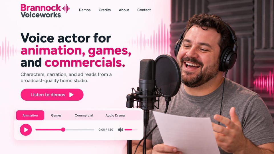 Actor website design, animation and games voice actor with tabbed demos: pale pink page with a sound wave, a black and hot pink headline, a pink demos button, a tabbed audio player and a laughing man in headphones reading a script in a foam-lined booth