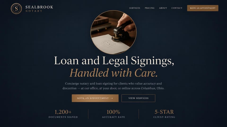 Notary website design, concierge loan and legal signings in navy: dark navy with bronze, a circular photo of an embosser stamping paper, a centered serif headline with a bronze italic line, a row of figures below