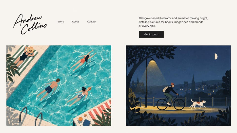 Portfolio website design, illustrator and animator, two big pieces: off-white page, a script name, a short intro and two large illustrations of swimmers and a night cyclist